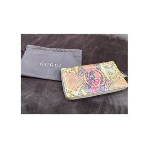 GUCCI Brown Diamond Python Snakeskin Exotic Leather Zippy Wallet with dust bag